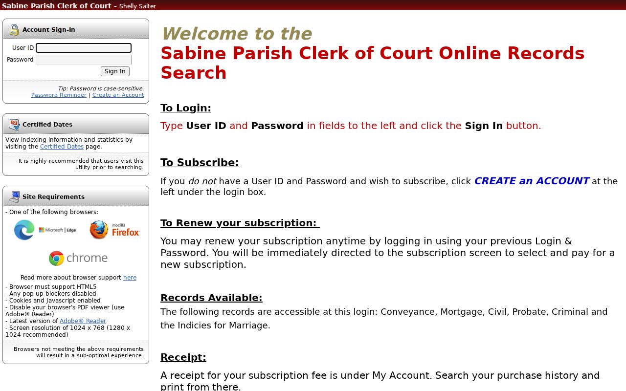 Sabine Parish case search source showing the local Cott login route
