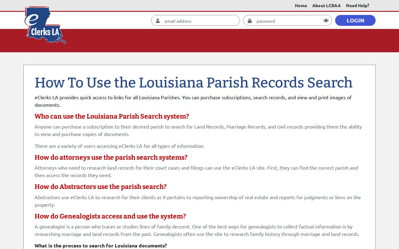 Sabine Parish case search source for eClerks parish image access