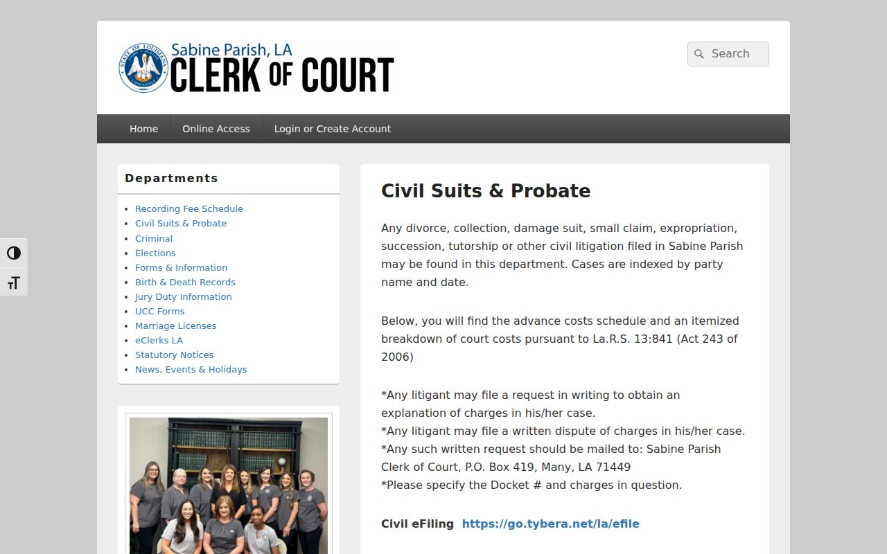 Sabine Parish civil docket source from the clerk civil and probate page