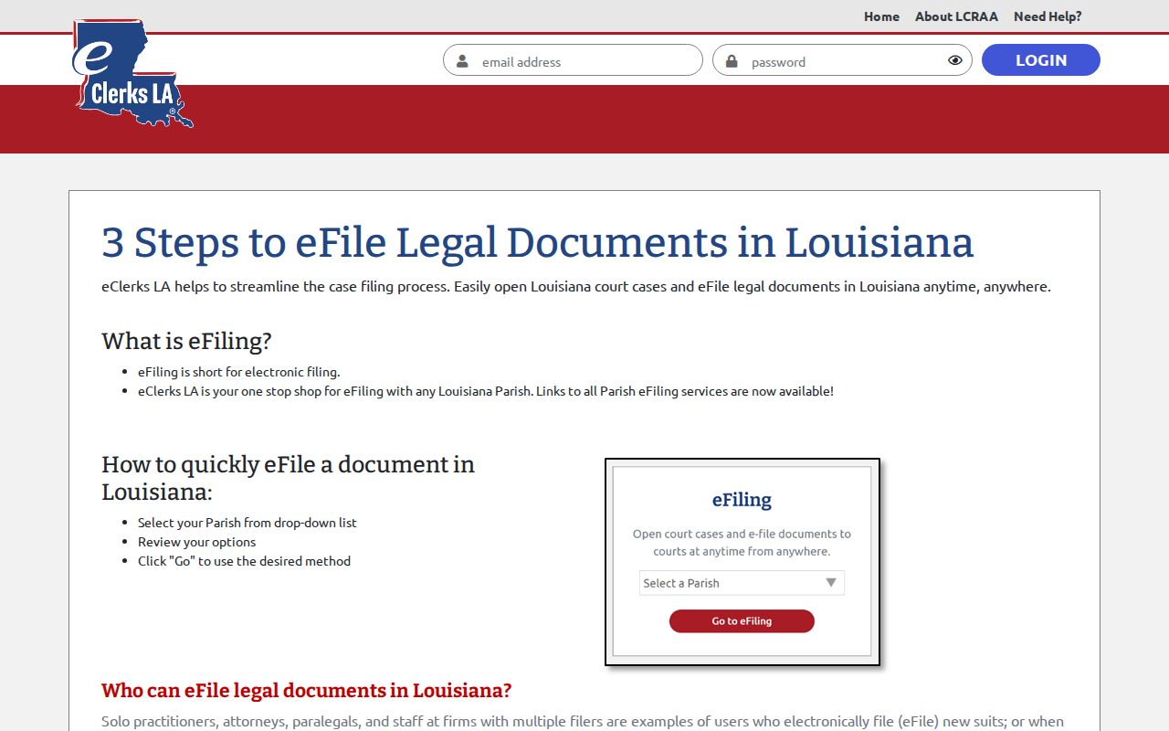 Sabine Parish civil docket source for Louisiana e-filing routing