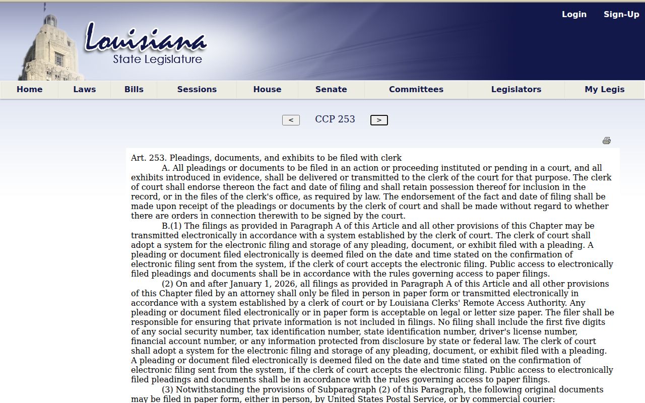 Sabine Parish civil docket source for Louisiana electronic filing access rule