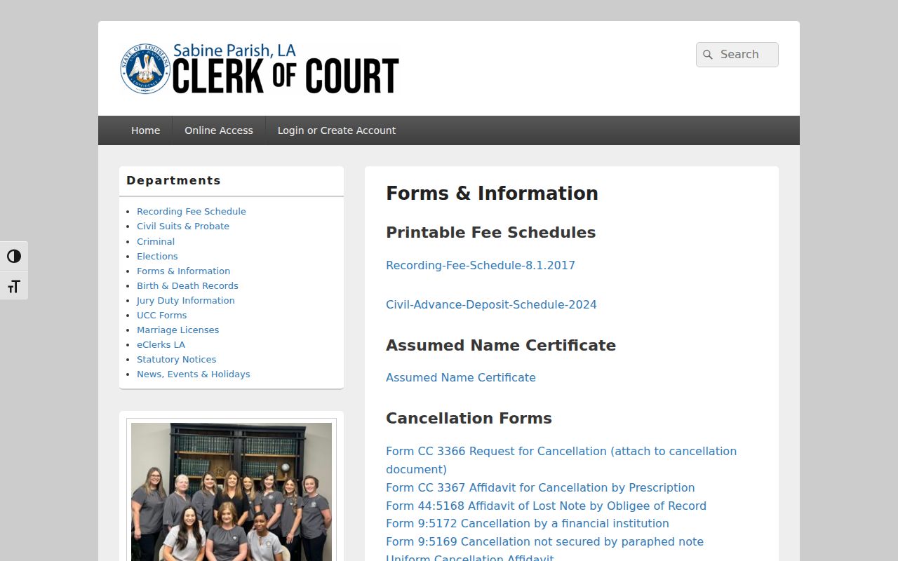 Sabine Parish court calendar source from the clerk forms page