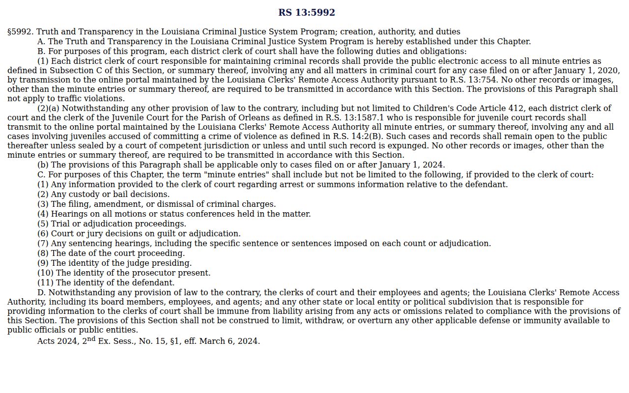 Sabine Parish criminal docket source for the printed Louisiana minute-entry statute