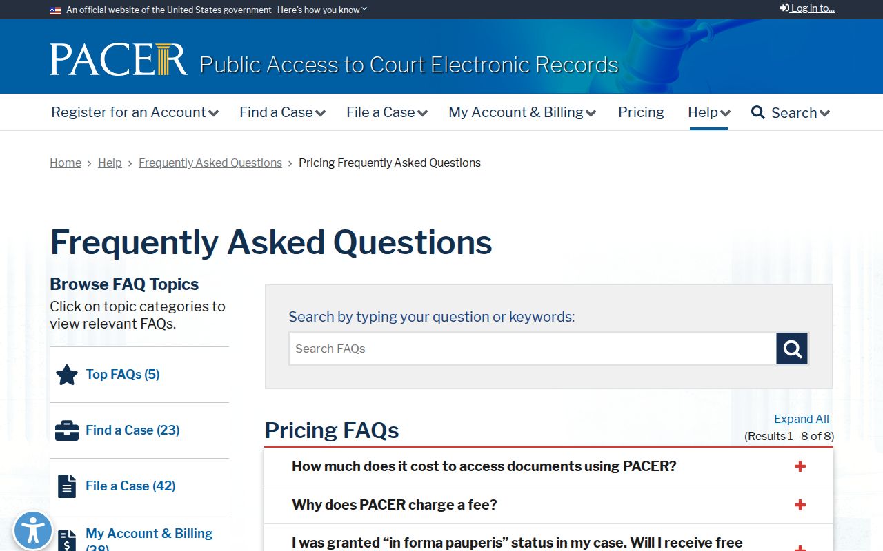 Florien court docket source showing PACER federal court docket pricing information