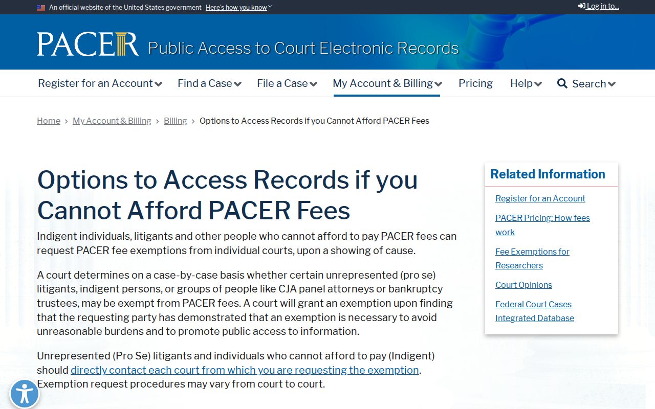 Florien court docket source showing PACER federal access options