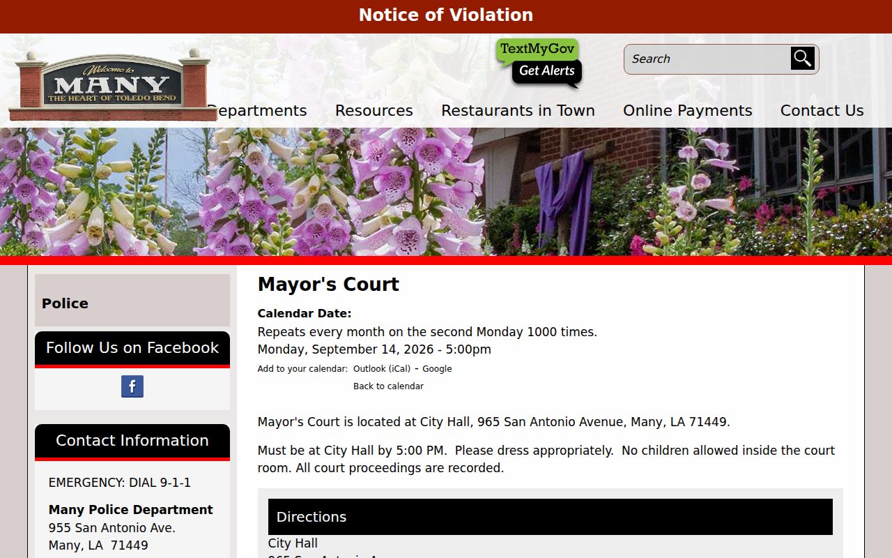 Many court docket source showing the Town of Many Mayor's Court information