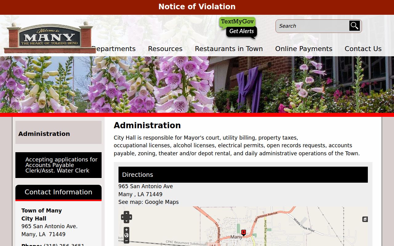 Many court docket source showing Town of Many municipal administration information