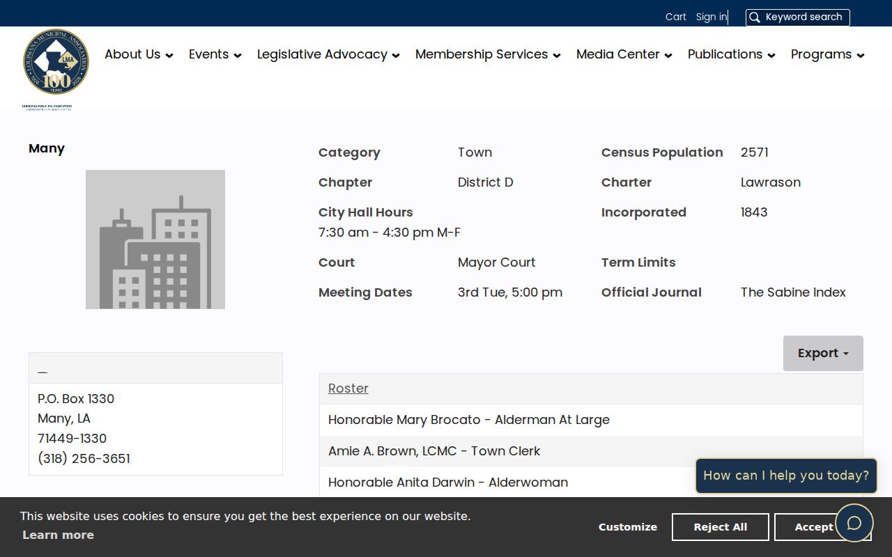 Many court docket source showing the Louisiana Municipal Association profile for Many