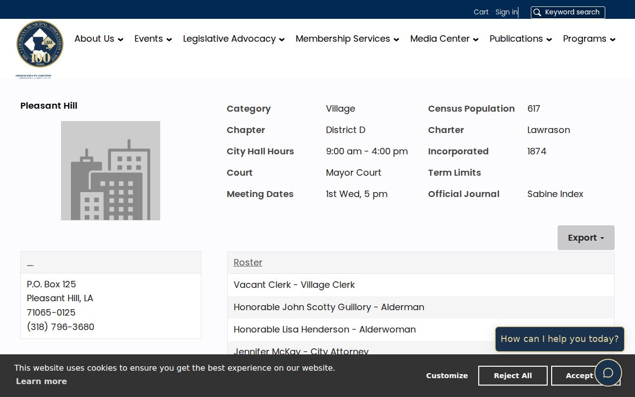 Pleasant Hill court docket source showing the Louisiana Municipal Association profile for Pleasant Hill