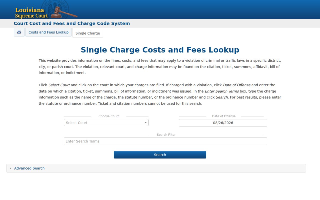 Sabine Parish traffic court record source for Louisiana single-charge lookup