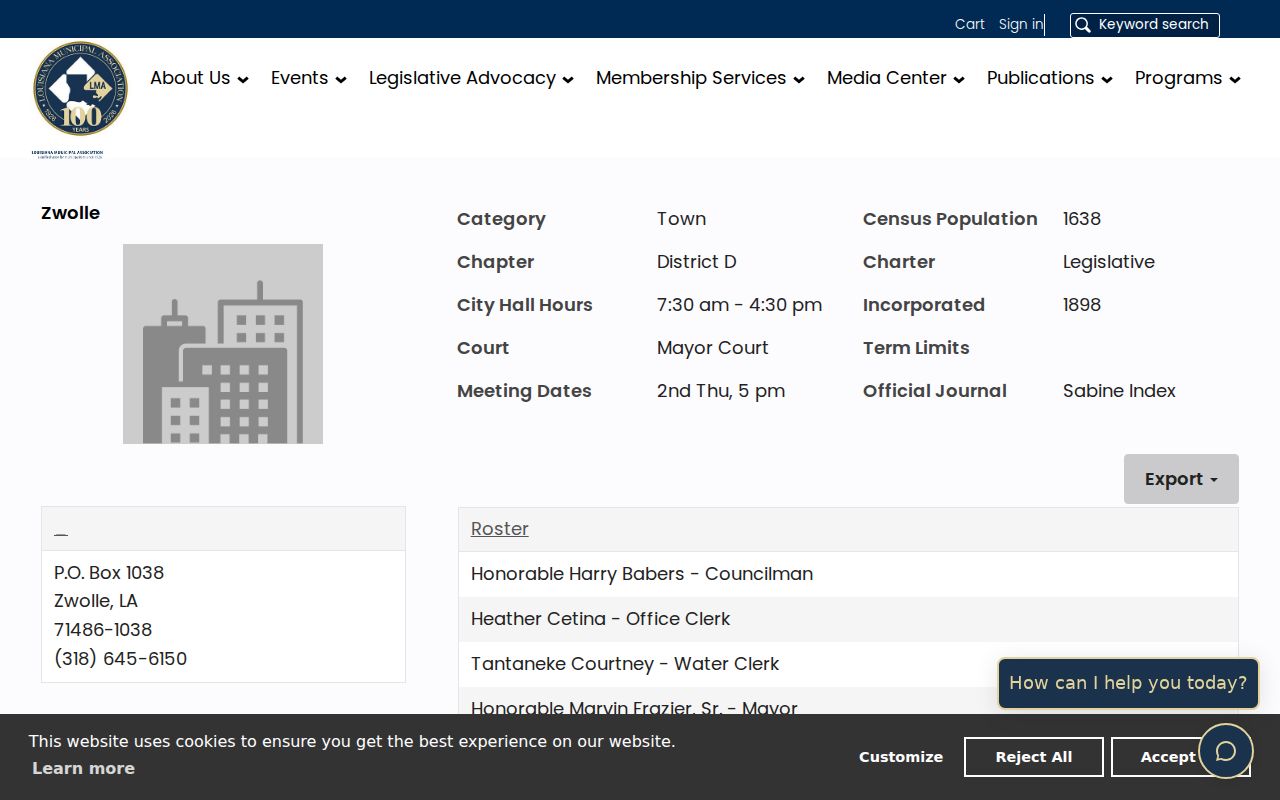 Zwolle court docket source showing the Louisiana Municipal Association profile for Zwolle