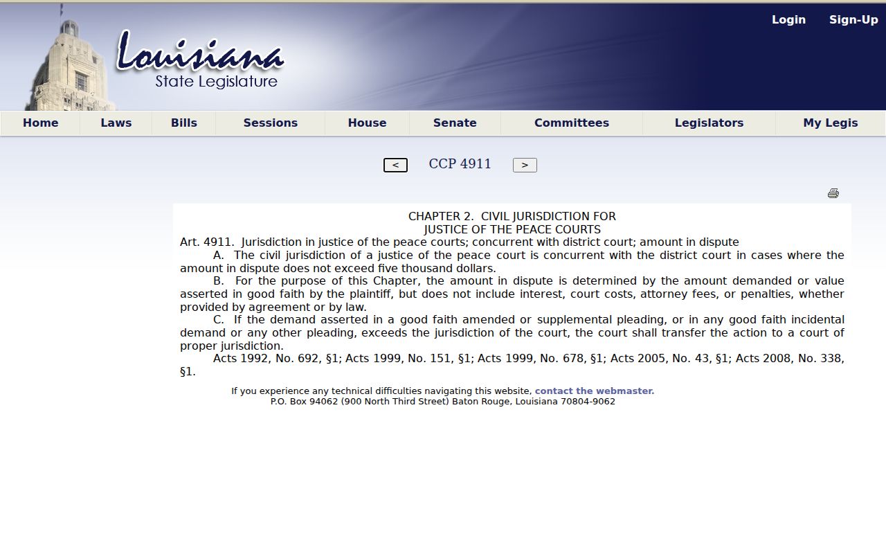 Zwolle court docket source showing Louisiana justice-court civil-jurisdiction law